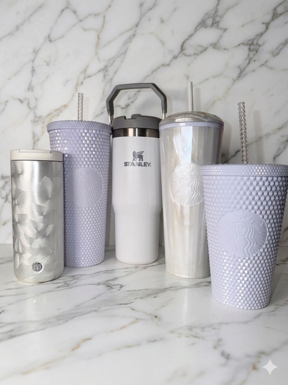 Starbucks & Stanley White Iridescent Studded Tumbler Water Bottle Bundle 5pc